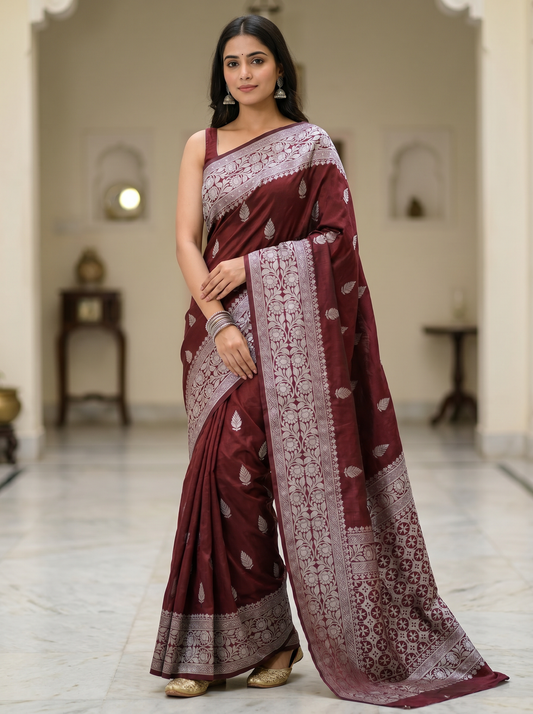 The Luxe Banarasi Semi Silk Saree - Marron