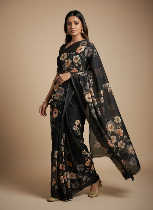 Black Chiffon Digital Print Saree for Office & Daily Wear
