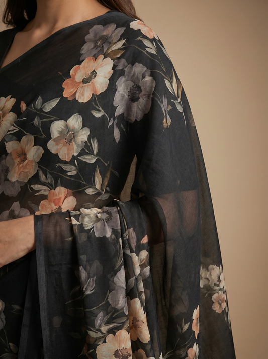 Black Chiffon Digital Print Saree for Office & Daily Wear