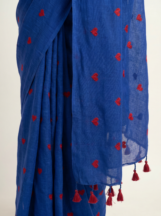 Blue Khadi Cotton Saree with Heart Embroidery for Office & Daily Wear