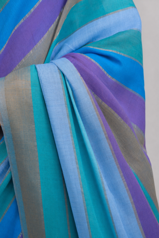 Blue Khadi Cotton Striped Saree for Office & Daily Wear