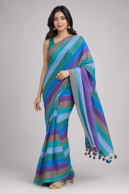 Blue Khadi Cotton Striped Saree for Office & Daily Wear