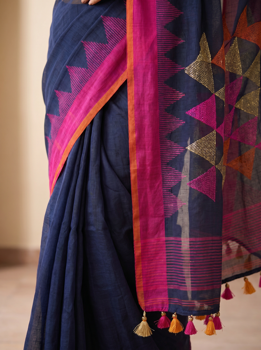 Blue Linen Cotton Zari Jamdani Saree for Festival Wear