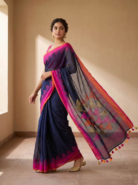 Blue Linen Cotton Zari Jamdani Saree for Festival Wear