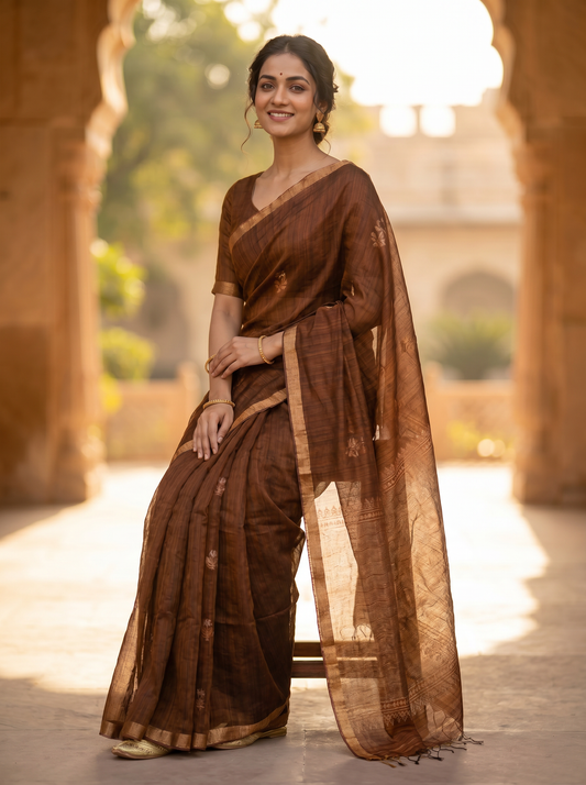 Brown Matka Silk Jamdani Saree with Silk Mark for Festival Wear