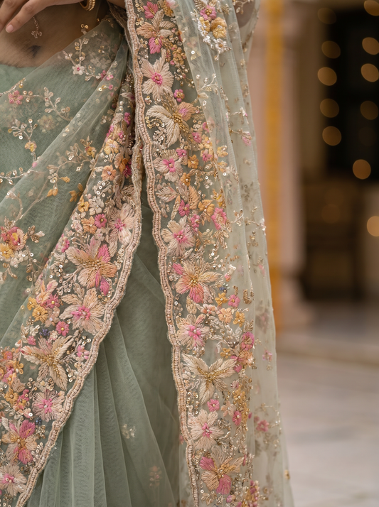 Cream & Pista Georgette Rimzim Saree for Party Wear
