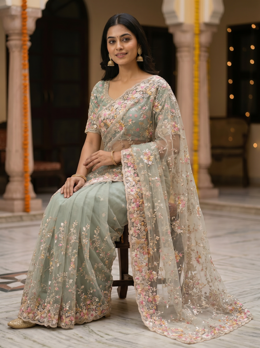 Cream & Pista Georgette Rimzim Saree for Party Wear