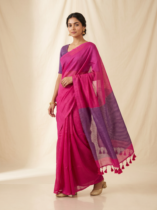 Pink Mul Zari Pallu Cotton Saree with Purple Pallu
