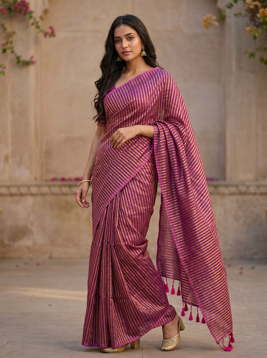 Pure Mulmul Tissue Strips Saree in Pink with Golden Stripes