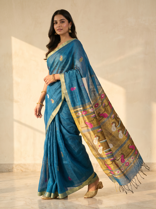 Blue Linen Silk Paithani Saree for Festival Wear