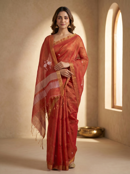 Linen Tissue Jamdani Saree – Orange with Swans