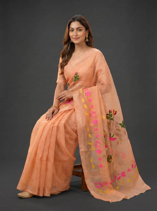 Orange Matka Muslin Silk Jamdani Saree for Festival Wear