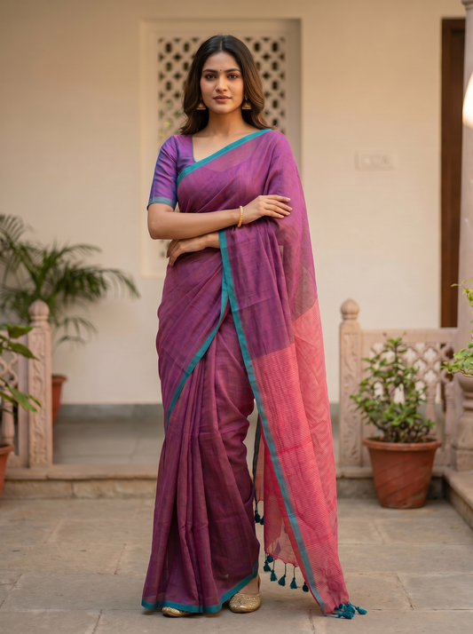 Mul Cotton Zari Pallu Saree – Purple with Pink Pallu
