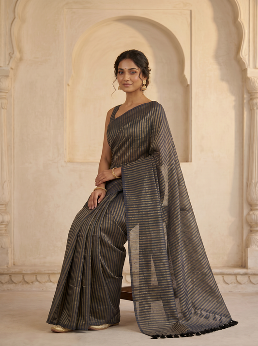 Blue Mul Tissue Strips Saree with Golden Stripes for Party Wear