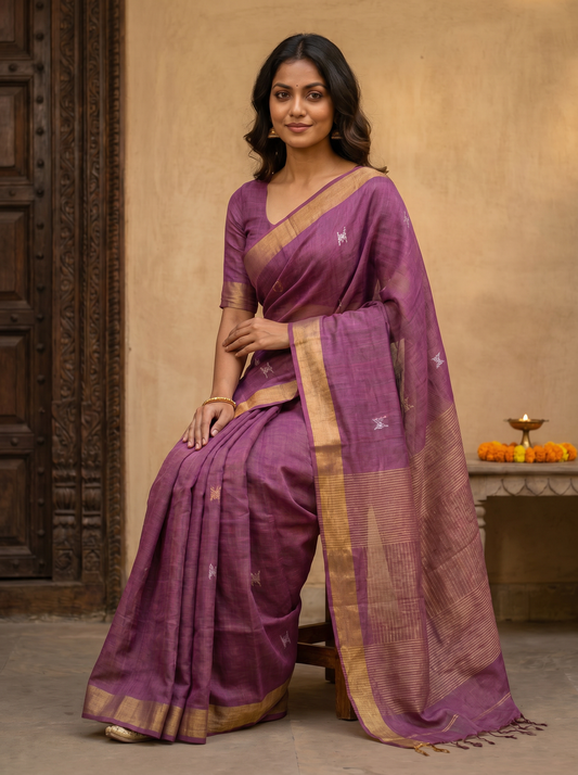 Lavender & Red Linen Silk Jamdani Butti Saree for Office & Daily Wear