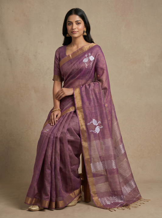 Lavender & Pink Linen Tissue Jamdani Saree with Swan Design for Festival Wear