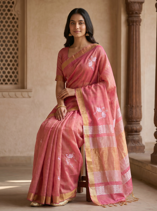 Lavender & Pink Linen Tissue Jamdani Saree with Swan Design for Festival Wear