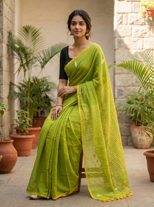 Parrot Green & Purple Mul Jamdani Cotton Saree for Office & Daily Wear