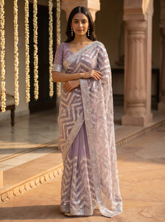 Lavender Zigzag Net Saree