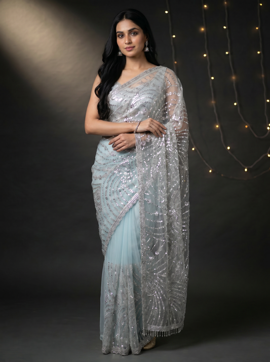 Bollywood Inspired Net Saree – Sky Blue