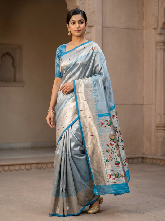 Sky Blue Soft Muniya Paithani Silk Saree for Festival Wear