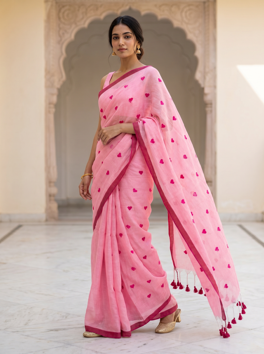 Pink Khadi Cotton Saree with Heart Embroidery for Office & Daily Wear