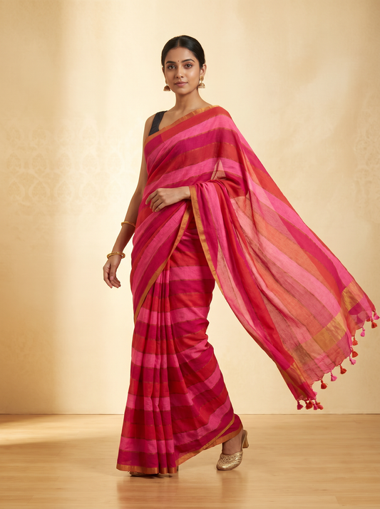 Pink & Orange Khadi Cotton Striped Saree for Office & Daily Wear