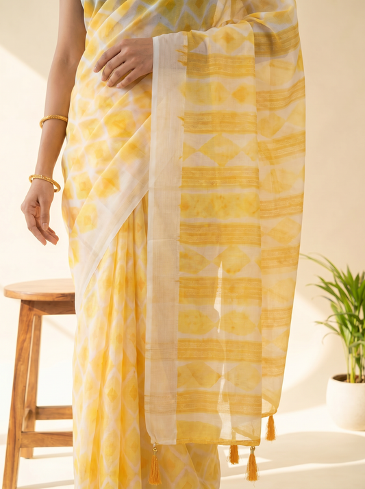 Orange & Yellow Chiffon Saree with Pattern Print for Office & Daily Wear