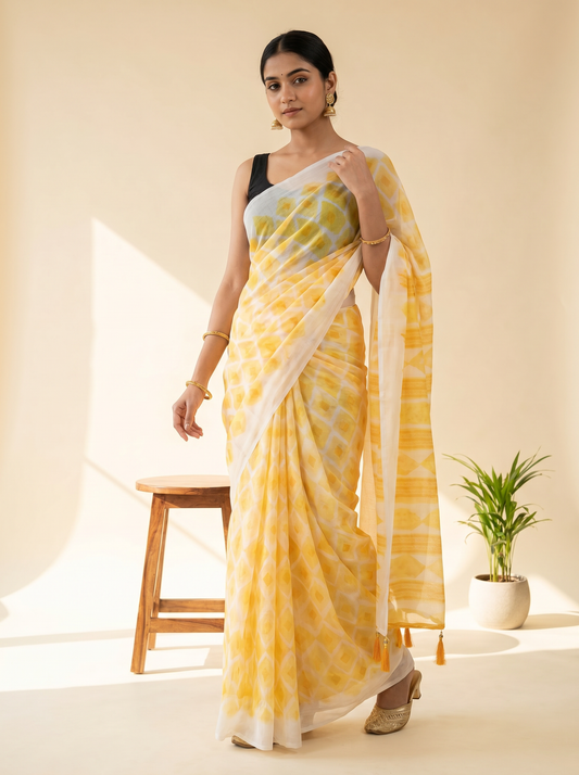 Orange & Yellow Chiffon Saree with Pattern Print for Office & Daily Wear