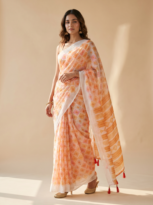 Orange & Yellow Chiffon Saree with Pattern Print for Office & Daily Wear