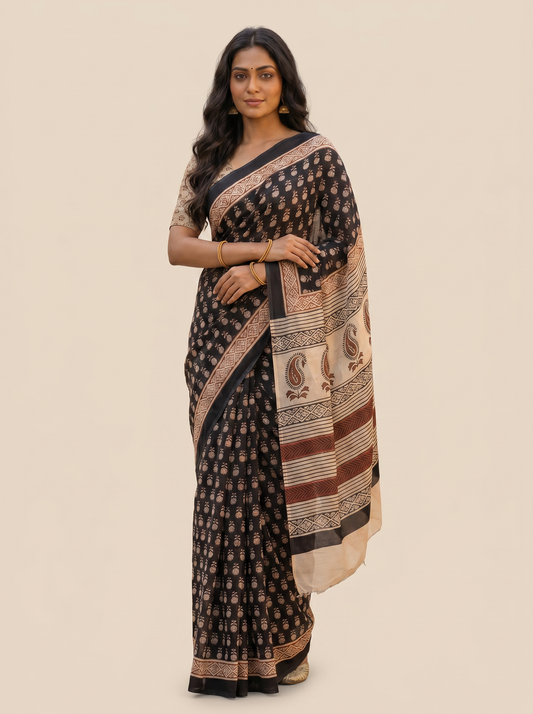 Black Jaipuri Print Mul Cotton Saree for Office & Daily Wear