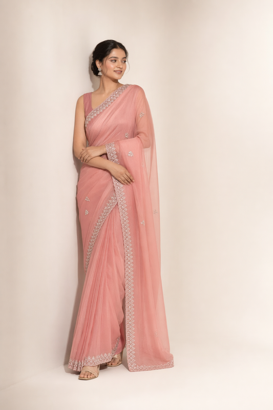 Tissue Silk Saree with Cutwork Scalloped Border