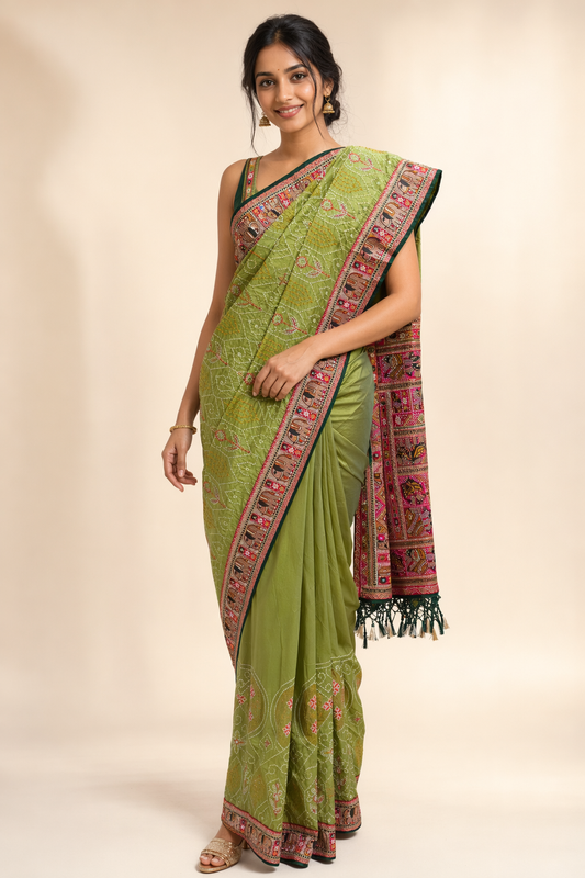 Designer Georgette Saree with Bandhani Print & Zari Weaving