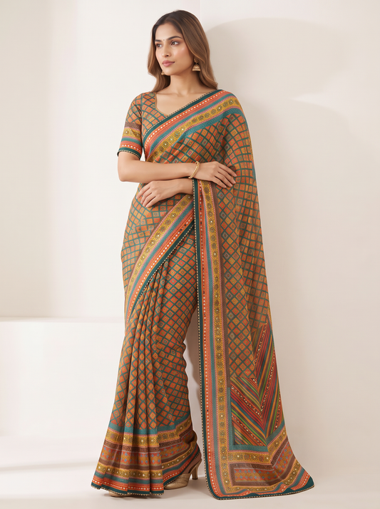 Alone Mala Georgette Saree with Digital Print & Faux Mirror Work