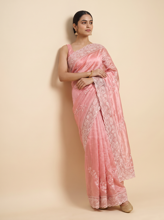 Kurban Organza Saree with Thread Embroidery & Scalloped Cutwork Border