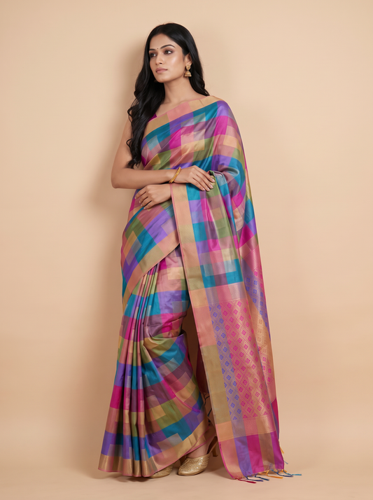 Silk Multi Box Banarasi Art Silk Saree with Zari Border