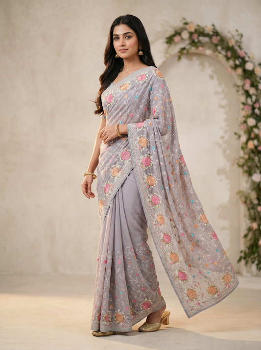 Lavender Gulbahar Organza Saree for Festival & Wedding Wear