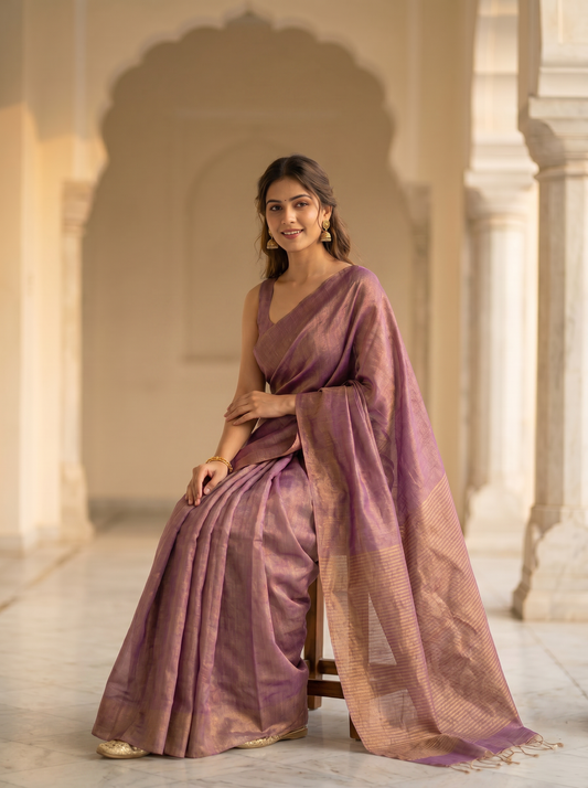 Lavender Linen Tissue Jamdani Saree for Festival Wear