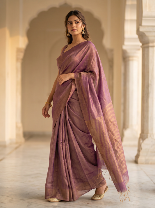 Lavender Linen Tissue Jamdani Saree for Festival Wear