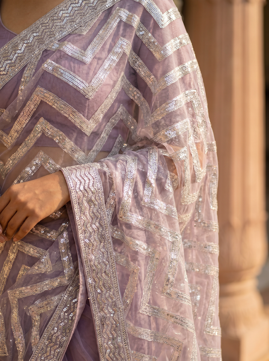 Lavender Zigzag Shimmer Lycra Saree for Party Wear