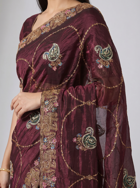 Marron & Yellow Tussar Silk Monika Saree for Festival Wear