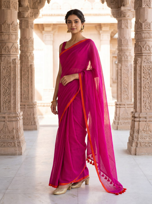 Mul cotton Pink plains Saree