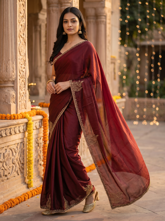 Marron Tissue Silk Twilight Saga Saree for Party Wear