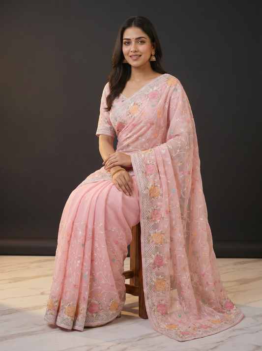 Pink & White Organza Gulbahar Saree for Festival Wear