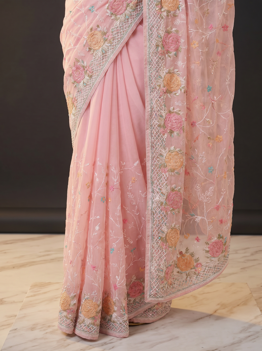 Pink & White Organza Gulbahar Saree for Festival Wear