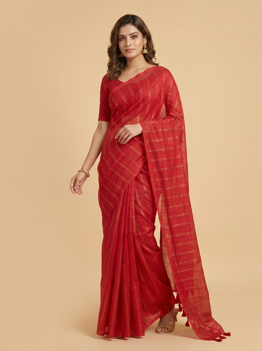 Red Mul Thin Zari Line Cotton Saree with Golden Stripes for Party Wear