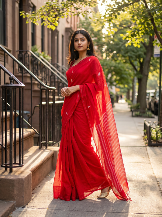 Premium Red Mul Jamdani Cotton Saree for Office & Daily Wear