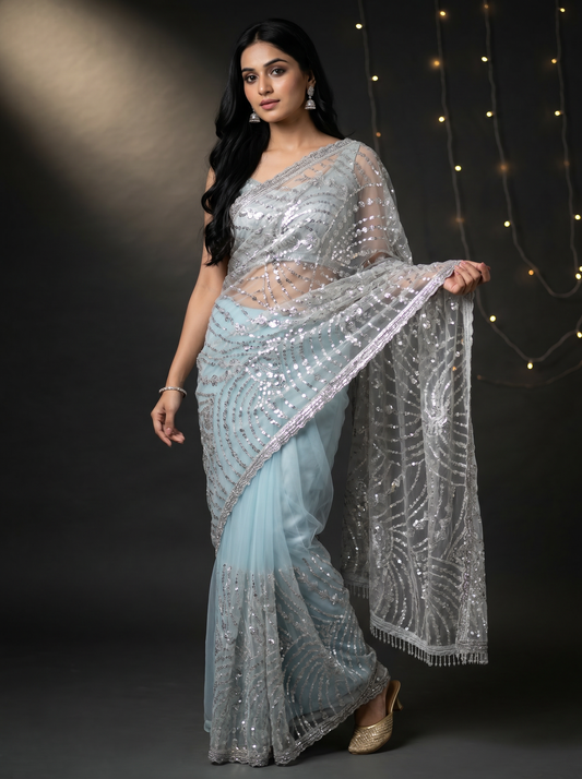 Sky Blue Celebrity Closet Bollywood Inspired Saree for Party Wear