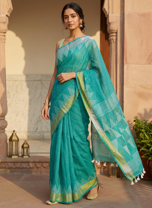 Blue Linen Cotton Zari Jamdani Saree with Silver Golden Border