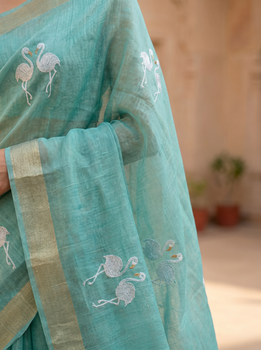 Blue Linen Tissue Jamdani Saree with Swan Design